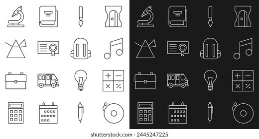 Set line Klingelmeldeglocke, Taschenrechner, Noten, Ton, Pinsel, Zertifikat-Vorlage, Lichtstrahlen-Prisma, Mikroskop und Schulrucksack-Symbol. Vektorgrafik