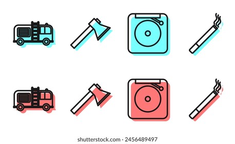 Set line Ringing alarm bell, Fire truck, Firefighter axe and Cigarette icon. Vector