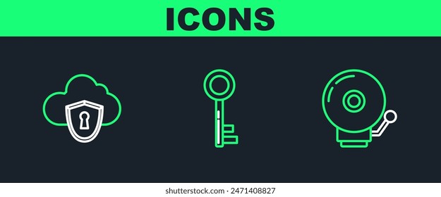 Establecer línea Timbre de alarma, nube y escudo e icono de llave. Vector