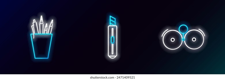 Set line Ringing alarm bell, Pencil case stationery and Stationery knife icon. Glowing neon. Vector