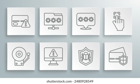 Set line Ringing alarm bell, Folder with password, Monitor exclamation mark, System bug, Credit card shield, Password protection, Fingerprint and  icon. Vector