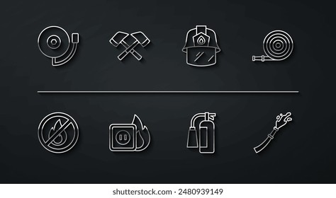 Set line Ringing alarm bell, No fire, Fire hose reel, extinguisher, Electric wiring of socket, Firefighter axe,  and helmet icon. Vector