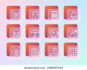 Set line Ringing alarm bell, Cancelled fingerprint, Lock, Umbrella, Mobile with scanner, Eye and  icon. Vector