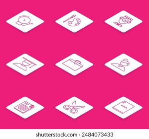 Set line Ringing alarm bell, Paint brush with palette, Award cup, Graduate and graduation cap, Briefcase, Teacher, File document paper clip and Scissors icon. Vector