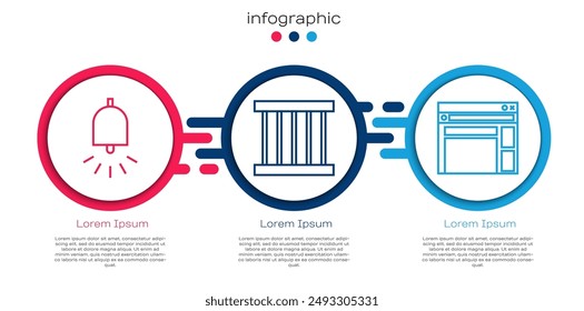 Set line Ringing alarm bell, Prison window and Website template. Business infographic template. Vector