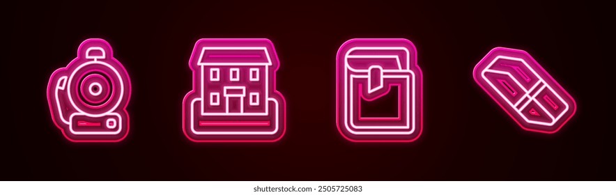 Set line Ringing alarm bell, School building, Book and Eraser or rubber. Glowing neon icon. Vector