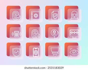 Timbre de alarma, móvil con escáner de huellas dactilares, bloqueo, sistema de rociadores contra incendios, cancelado, escudo de contrato, huella digital e icono de seguridad. Vector