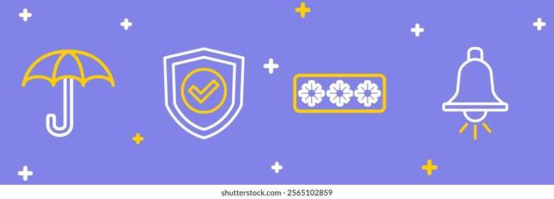 Set line Ringing alarm bell, Password protection, Shield with check mark and Umbrella icon. Vector