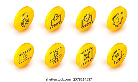 Set line Ringing alarm bell, Safe, Computer monitor and shield, Secure your site with HTTPS, SSL, Shield keyhole, Laptop protected, lock and combination wheel icon. Vector