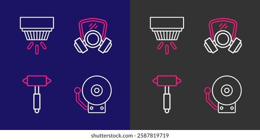 Set line Ringing alarm bell, Firefighter axe, Gas mask and Smoke system icon. Vector