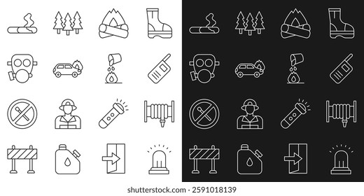 Set line Ringing alarm bell, Fire hose reel, Walkie talkie, Campfire, Burning car, Gas mask, Cigarette and Bucket extinguishing icon. Vector