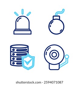 Set line Ringing alarm bell, Server with shield, Bomb ready to explode and Motion sensor icon. Vector