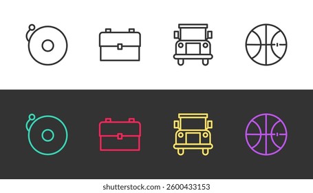 Set line Ringing alarm bell, School backpack, Bus and Basketball ball on black and white. Vector