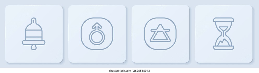 Set line Ringing alarm bell, Air element, Mars and Old hourglass with sand. White square button. Vector