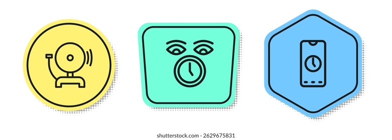 Set line Ringing alarm bell, Clock and Alarm clock app mobile. Colored shapes. Vector