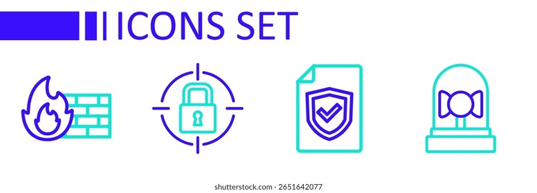 Set line Ringing alarm bell, Contract with shield, Lock and Firewall, security wall icon. Vector