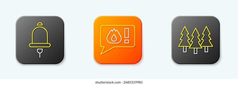 Timbre de alarma, llamada telefónica al 911 e icono de bosque. Vector