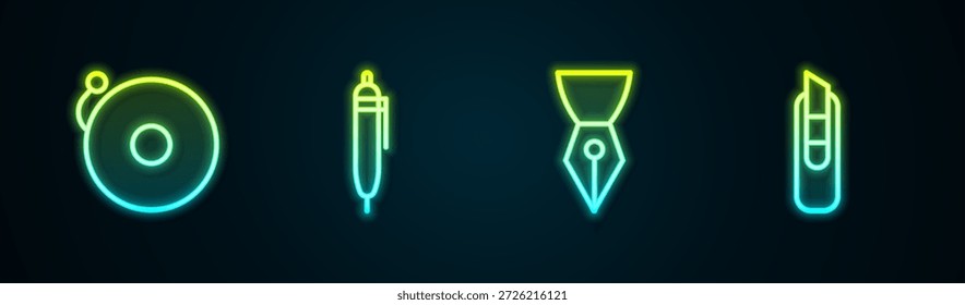 Set Linie Klingelalarm Glocke, Stift, Füllfederfeder und Stationery Messer. Leuchtendes Neonsymbol. Vektorgrafik