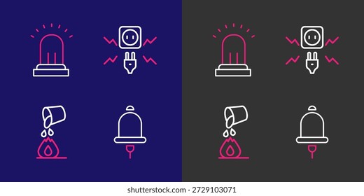 Timbre de alarma que suena, fuego de extinción del cubo, chispa de la electricidad e icono. Vector
