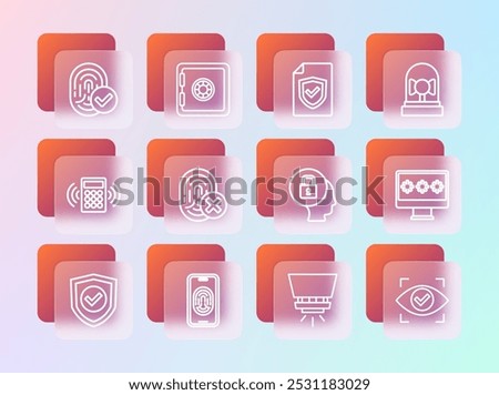 Set line Ringing alarm bell, Mobile with fingerprint scanner, Lock, Fire sprinkler system, Cancelled, Contract shield, Fingerprint and Safe icon. Vector