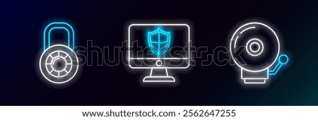 Set line Ringing alarm bell, Safe combination lock wheel and Computer monitor and shield icon. Glowing neon. Vector