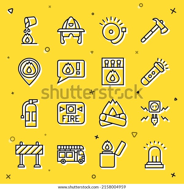 Set line Ringing alarm\
bell, Electricity spark, Flashlight, Telephone call 911, Location\
with fire flame, Bucket extinguishing and Matchbox and matches\
icon. Vector