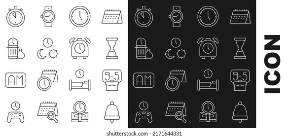 Fijar línea Campana sonora, Desde 9, Vieja cristalera con arena, Reloj, Día de la noche, Desperdicio de, Stopwatch e icono del reloj de alarma. Vector