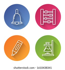 Set line Ringing bell, Abacus, Marker pen and Glass test tube flask on fire. Color circle button. Vector