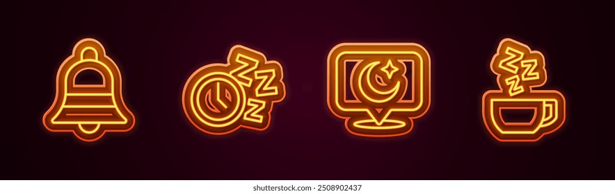 Set line Ringing bell, Alarm clock, Moon and stars and Chamomile tea. Glowing neon icon. Vector