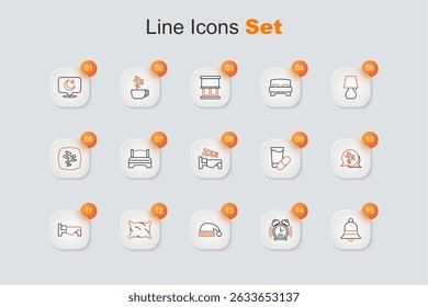 Set line Ringing bell, Alarm clock, Sleeping hat, Pillow, Bed, Sleepy, pill and Time to sleep icon. Vector
