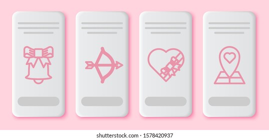 Set line Ringing bell, Bow and arrow, Candy in heart shaped box and bow and Map pointer with heart. White rectangle button. Vector