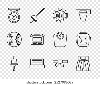 Set line Ringing bell, Boxing short, Punch boxing gloves, ring, Gong, Stopwatch, Black karate belt and helmet icon. Vector