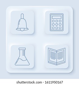 Set line Ringing bell, Calculator, Test tube and flask chemical laboratory and Open book. White square button. Vector