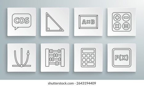 Definir linha Toque sino, Calendário, Gráfico, programação, gráfico, diagrama, matemática triângulo, solução Equação, Cálculo, Raiz quadrada e Tablet com ícone de calculadora. Vetor