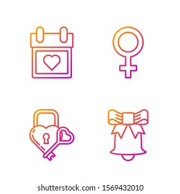 Set line Ringing bell, Castle in the shape of a heart and key, Calendar with heart and Female gender symbol. Gradient color icons. Vector