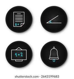 Set line Ringing bell, Chalkboard, Acute angle and Exam sheet with plus grade icon. Vector