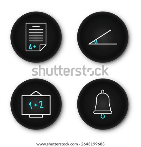 Set line Ringing bell, Chalkboard, Acute angle and Exam sheet with plus grade icon. Vector