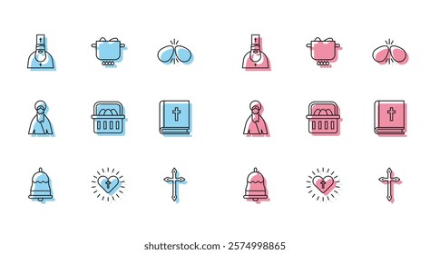 Set line Ringing bell, Christian cross and heart, Priest, Basket with easter eggs, Holy bible book, Jesus and Egg hot pot icon. Vector