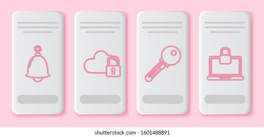 Set line Ringing bell , Cloud computing lock , Key  and Laptop and lock . White rectangle button. Vector