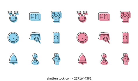 Set line Ringing bell, Coffee time, Clock, Wrist watch, Calendar search, Alarm clock app mobile,  and Morning icon. Vector