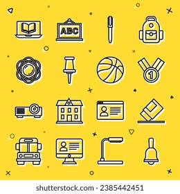 Set line Ringing bell, Eraser or rubber, Medal, Pen, Push pin, Atom, Online class and Basketball ball icon. Vector