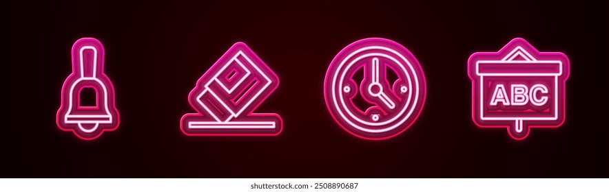 Set line Ringing bell, Eraser or rubber, Clock and Chalkboard. Glowing neon icon. Vector