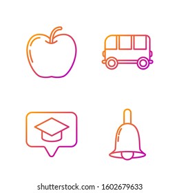 Set line Ringing bell, Graduation cap in speech bubble, Apple and School Bus. Gradient color icons. Vector