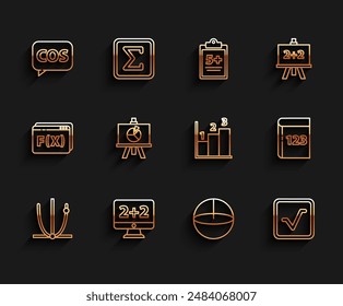 Set line Ringing bell, Graph, schedule, chart, diagram, Tablet with calculator, Calculator, Open book, XYZ Coordinate system, Test exam sheet and and  icon. Vector