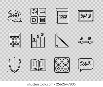 Set line Ringing bell, Graph, schedule, chart, diagram, Test or exam sheet and pen, Equation solution, Geometric figure Cone, Square root and  icon. Vector