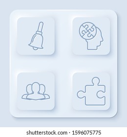 Set line Ringing bell, Human head puzzles strategy, Users group and Piece of puzzle. White square button. Vector