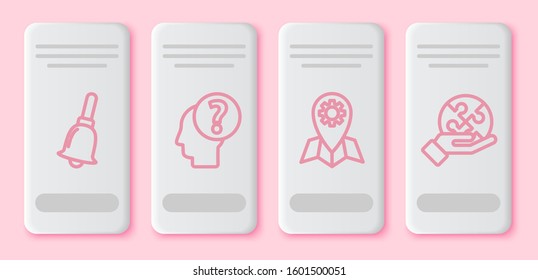Set line Ringing bell, Human head with question mark, Location job and Piece of puzzle in hand. White rectangle button. Vector
