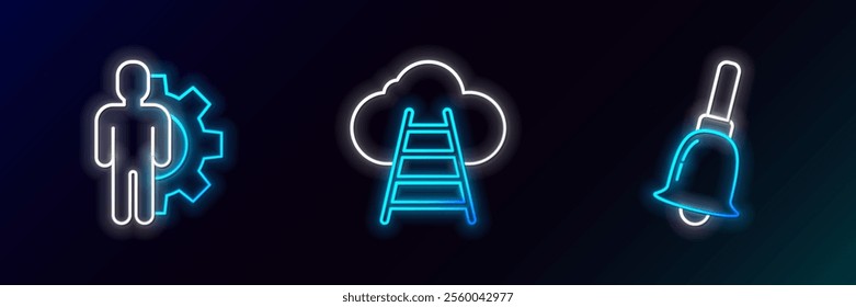 Set line Ringing bell, Human with gear inside and Ladder leading to cloud icon. Glowing neon. Vector