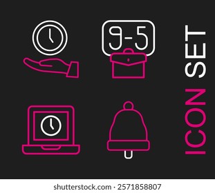 Set line Ringing bell, Laptop time, From 9 and Clock icon. Vector
