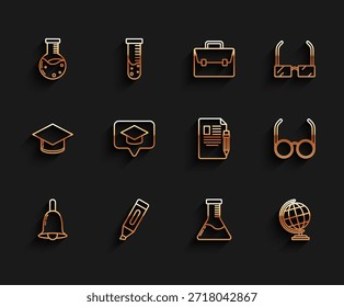 Timbre de timbre, pluma del marcador, laboratorio químico del tubo de ensayo y del frasco, globo terráqueo, burbuja del discurso del casquillo de la graduación, vidrios y lápiz de la hoja del examen con el icono del borrador. Vector
